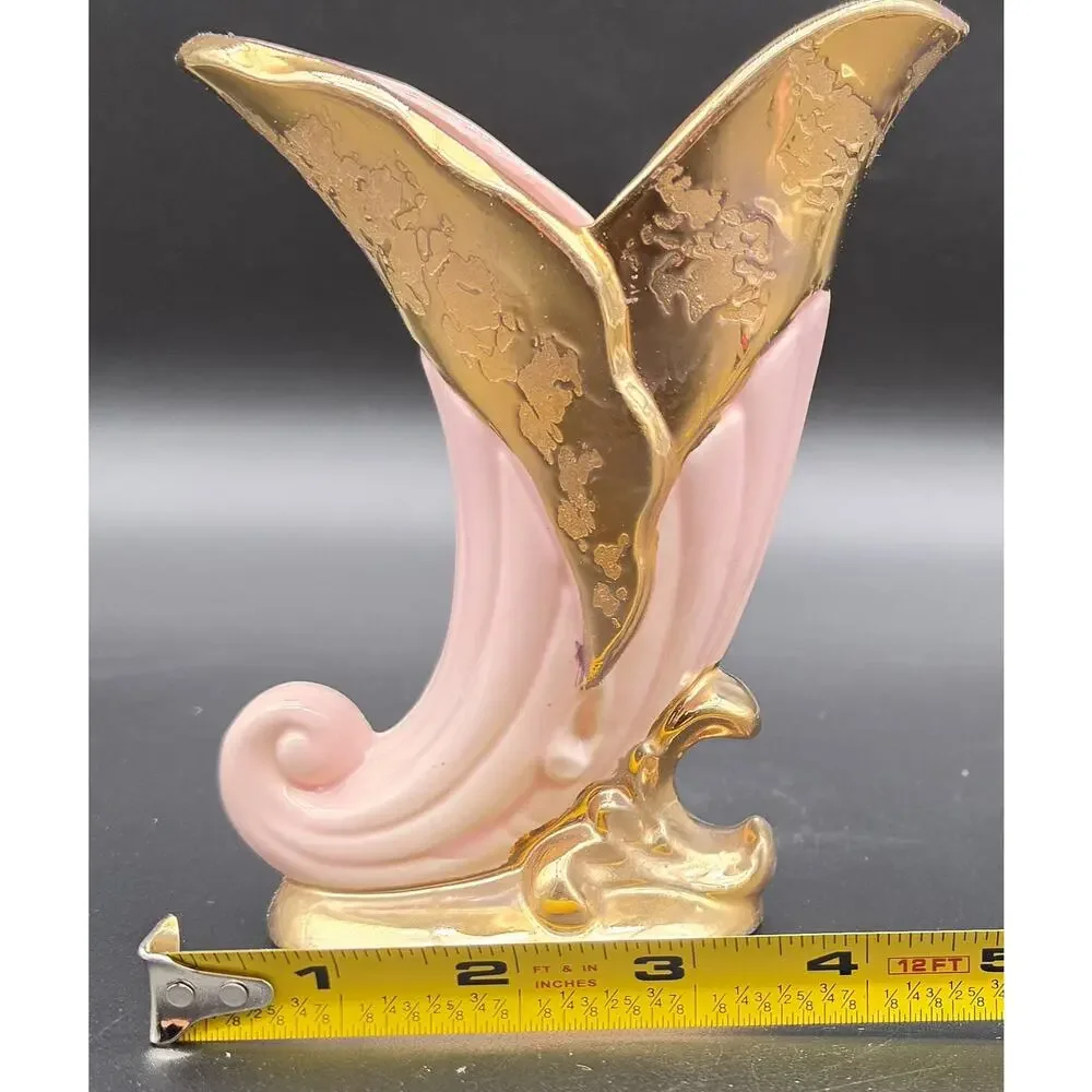 VTG Savoy China Pink & 24K Gold Cornucopia Horn Vase 6.125